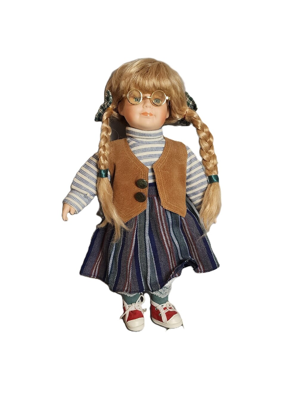 Porcelain Doll Girl with Glasses Braids Plaid Dress & Vest 15"